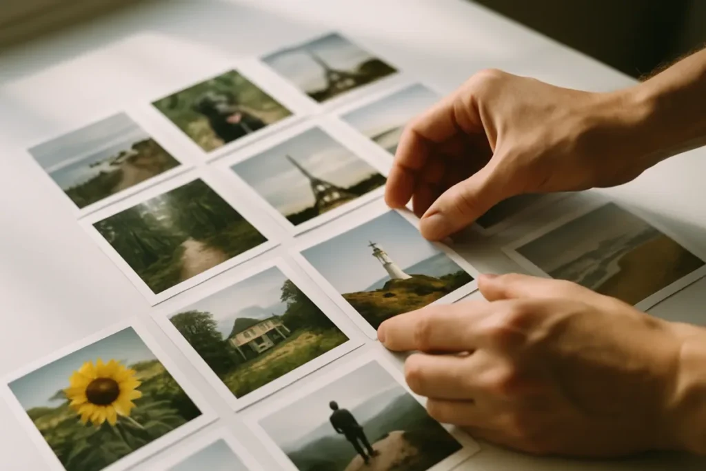 Fotos quadradas organizadas em três colunas simulando o feed do Instagram
