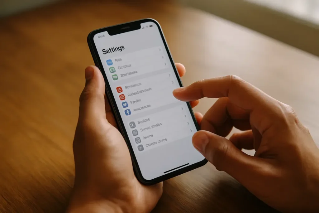 Mãos configurando ferramentas de monetização no aplicativo do celular