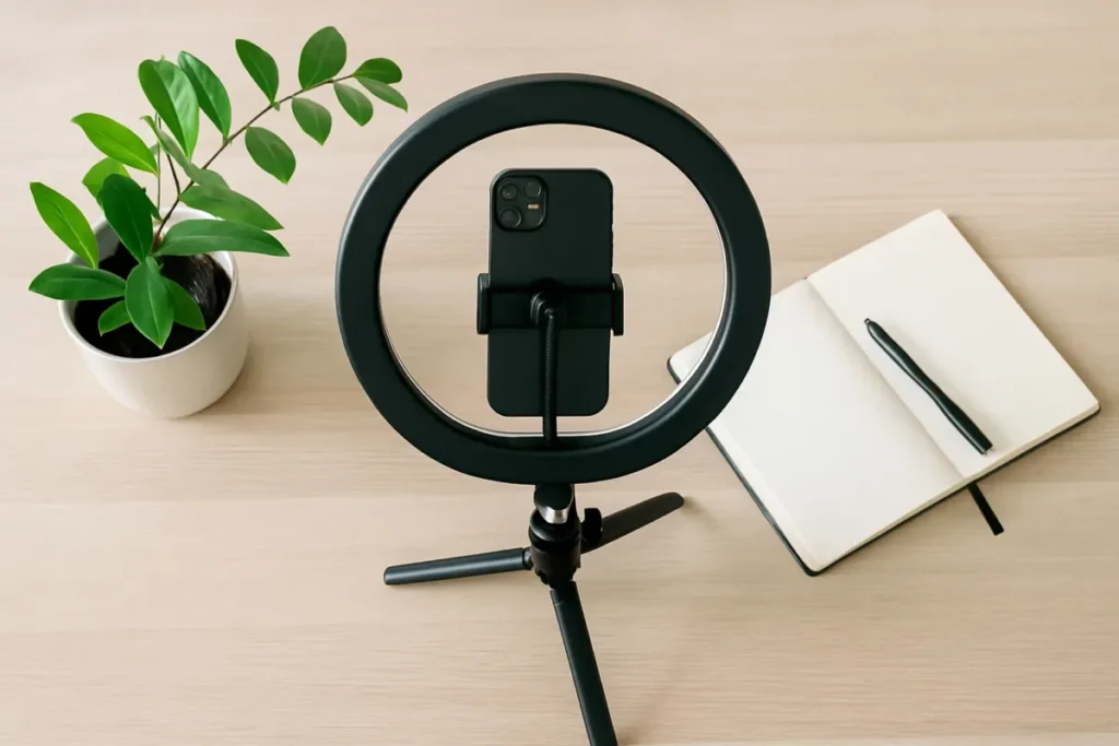 Mesa de criador de conteúdo com celular para produzir stories no Instagram