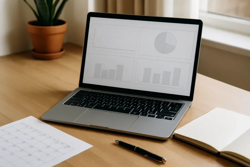 Mesa de trabalho com planejamento de conteúdo e métricas do perfil