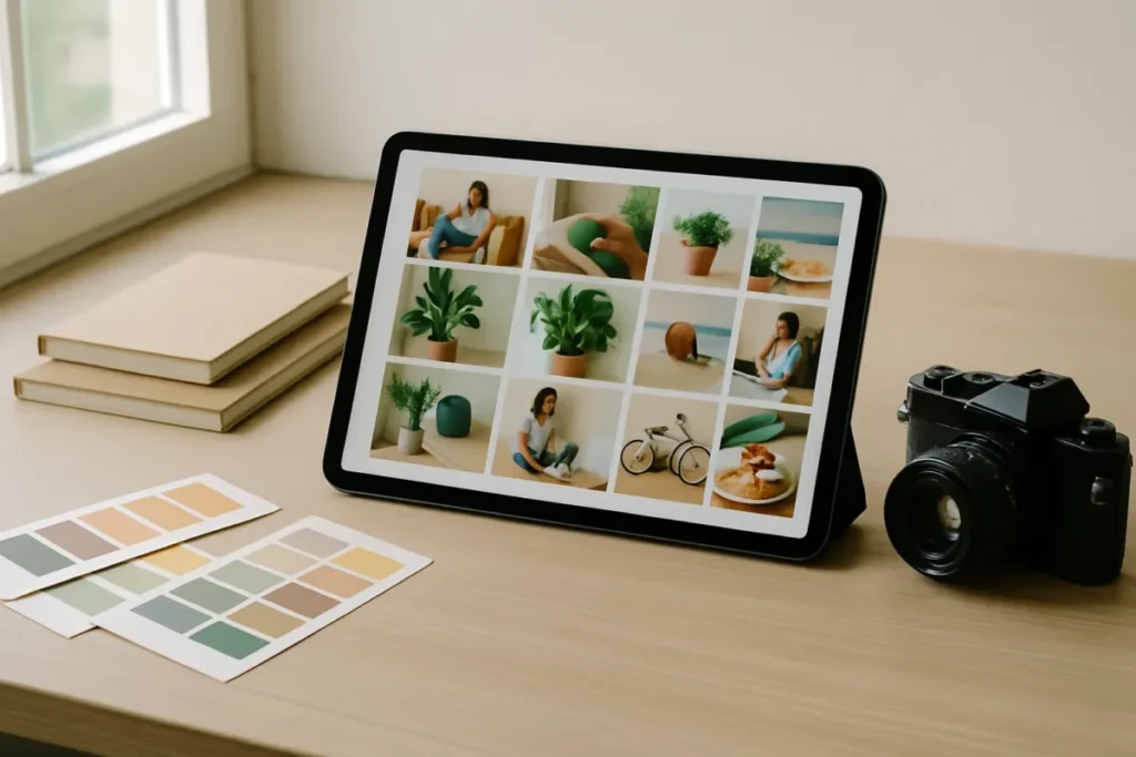 Mesa de trabalho com tablet e paleta de cores para planejar a grade do Instagram