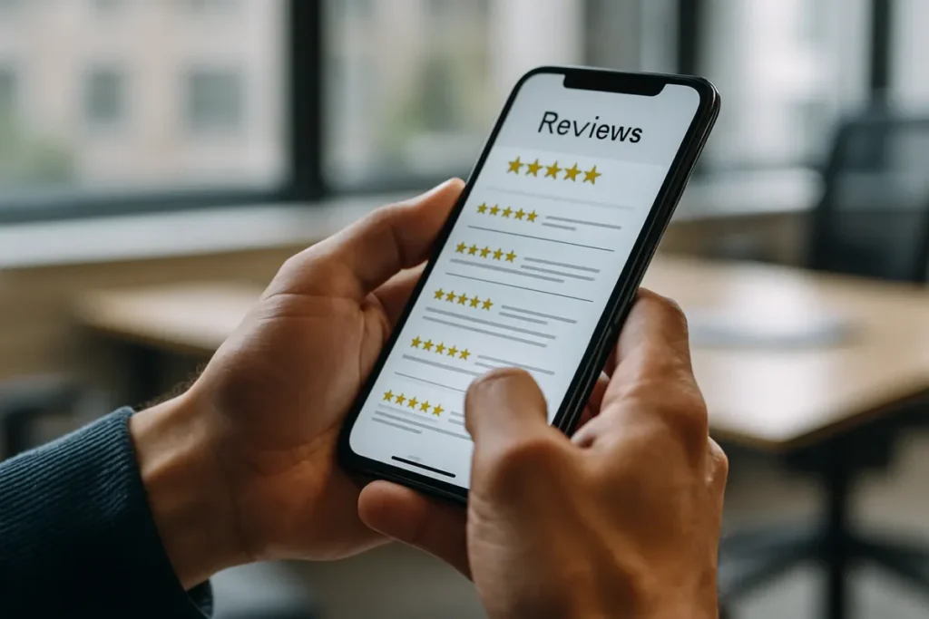 Pessoa consultando reclamações e avaliações online sobre uma marca