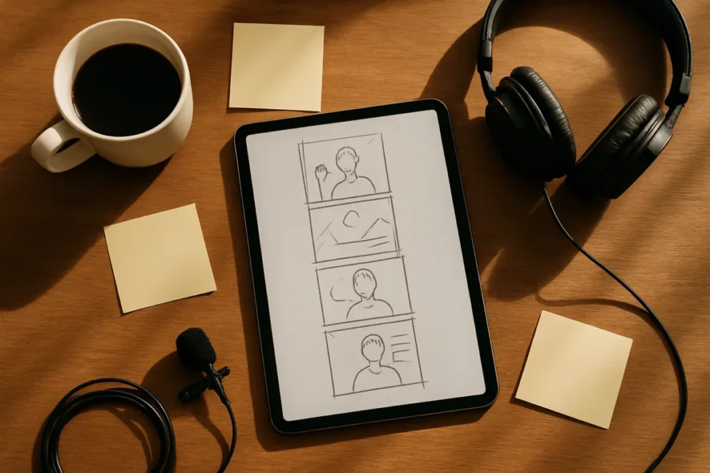 Storyboard de vídeos verticais planejado para Reels com IA