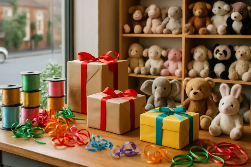 Balcão de loja de brinquedos com presentes para campanha de Dia das Crianças