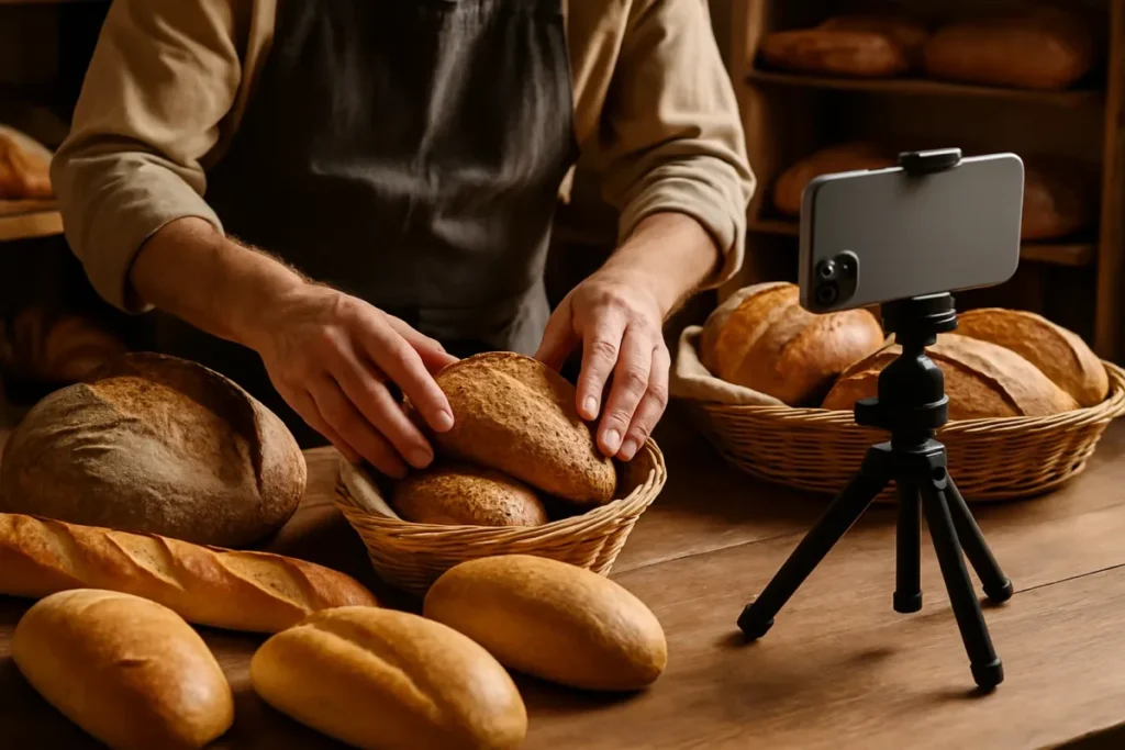 Bastidores de negócio local sendo registrados para conteúdo espontâneo no Instagram