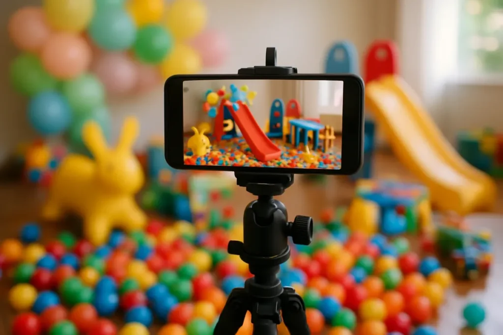 Celular gravando vídeo infantil para Reels de Dia das Crianças
