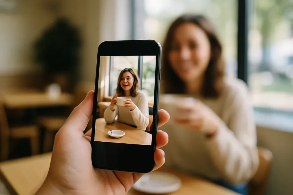 Celular usando o Instagram Instants para registrar um momento espontâneo em um café
