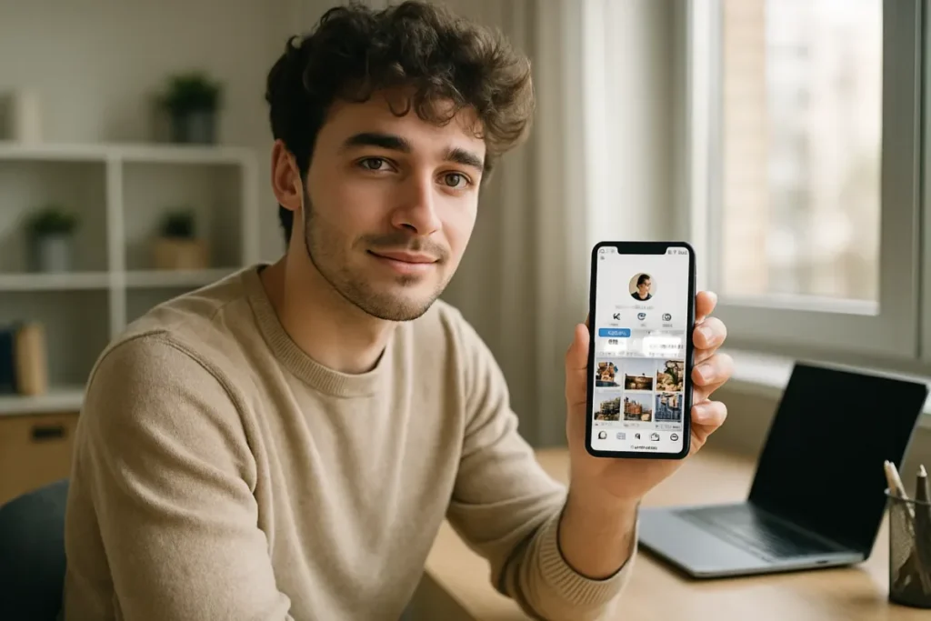 Criadora usando o celular para conquistar novos seguidores no Instagram