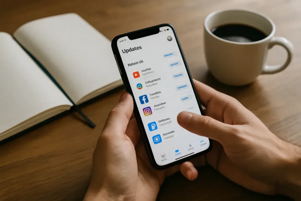 Mãos atualizando aplicativo no celular para liberar recursos novos do Instagram