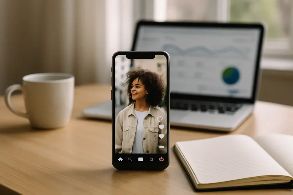 Mesa com celular e notebook usados para criar anúncios no Instagram