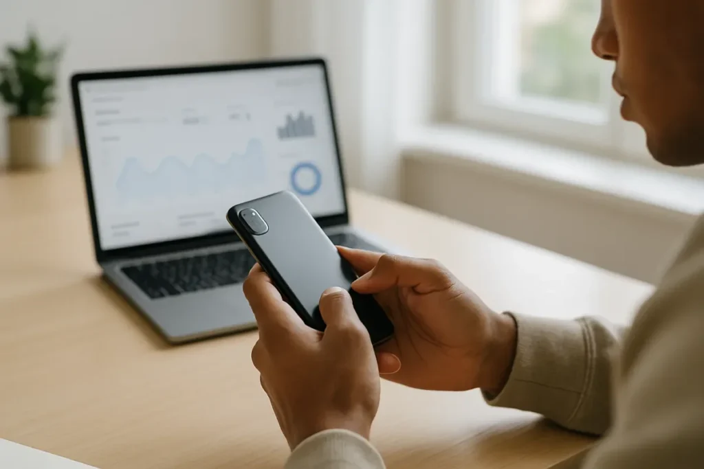 Pessoa usando smartphone e notebook para criar anúncio no Instagram