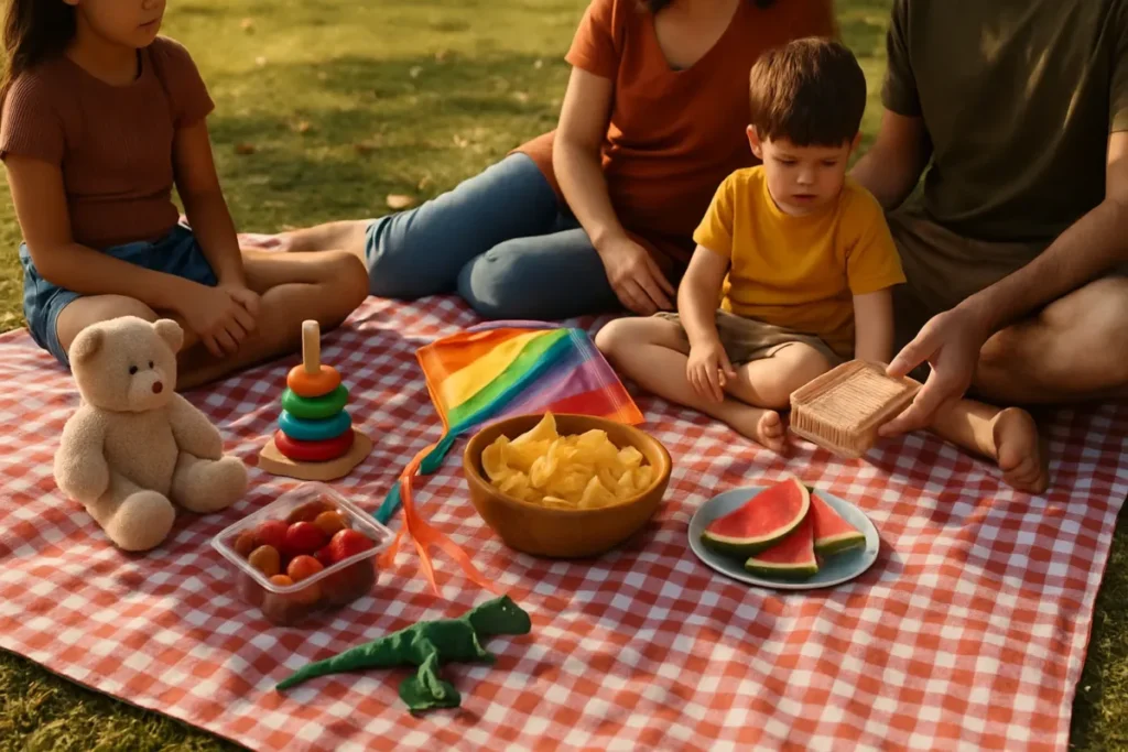 Piquenique em família no parque com brinquedos para post de Dia das Crianças