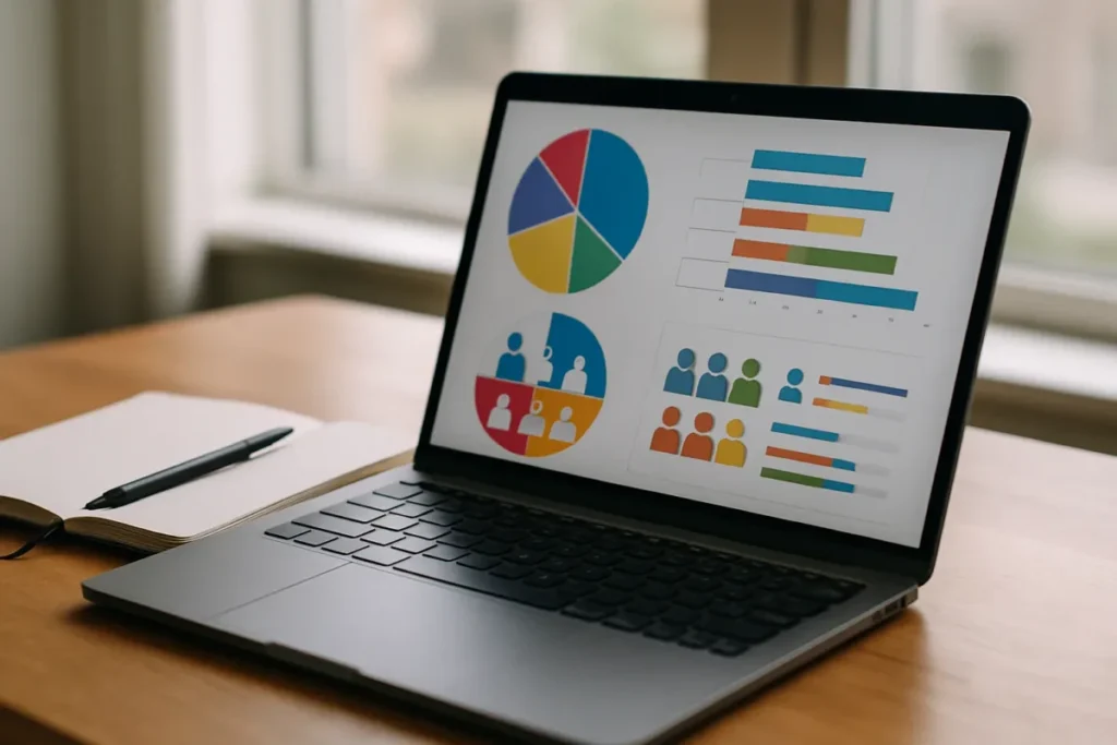 Tela de computador com gráficos de segmentação de público para campanha